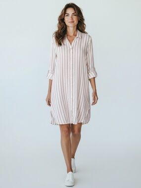 CHICO’S Linen No Iron Stripe Coral White  Metallic Thread Tunic ShirtDress Sz 16